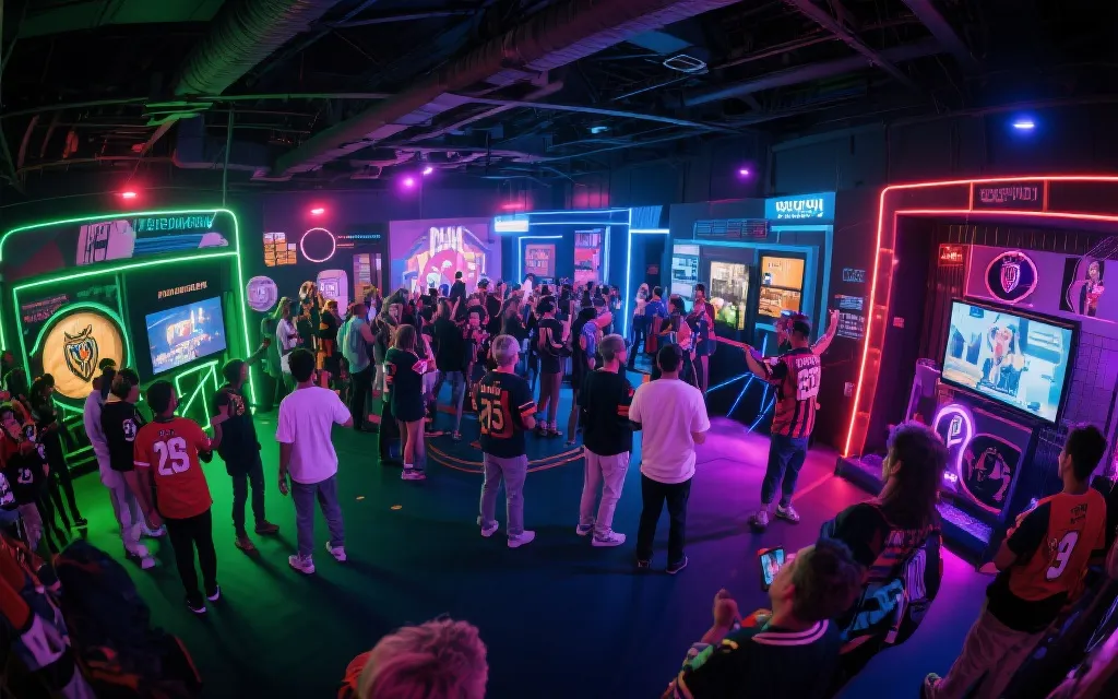 球场内球迷文化区的互动装置与合影点，人群与灯光营造沉浸氛围