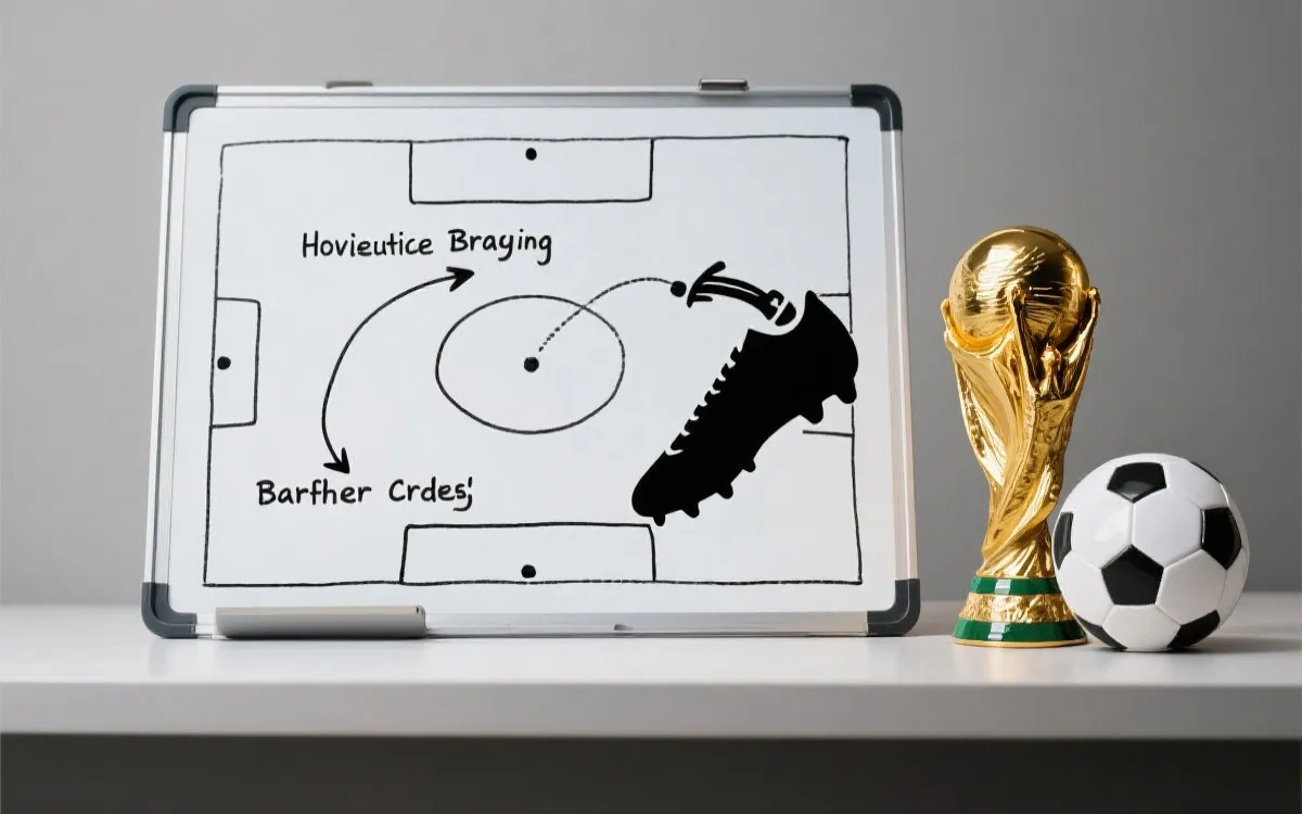 战术板上标注高位逼抢与边锋内切路线，旁边放着金靴奖杯的剪影与足球